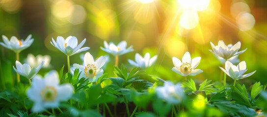 White flowers blooming in sunlight, surrounded by green leaves with a warm, glowing background.