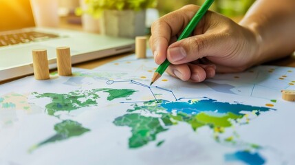 Naklejka premium Hand Tracing World Map with Green Pencil, World Map, Green Pencil, Travel, Connection ,world map, green pencil