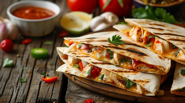 Mexican quesadilla with chicken and sause on wooden table,