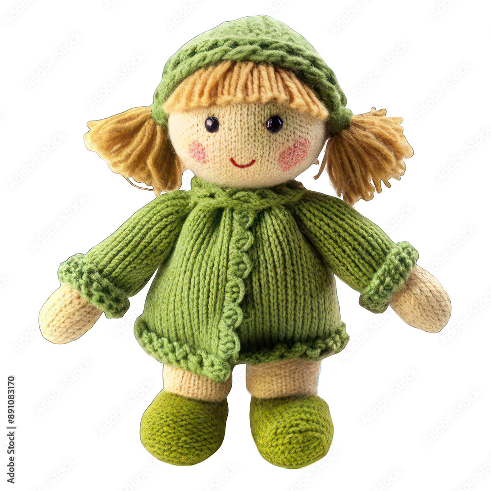 Wall mural Knitted, soft, rag doll in green clothes isolated on transparent background