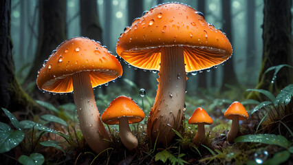 Fototapeta premium orange mushrooms with dewdrops glowing in a mystical forest