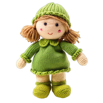 Knitted, soft, rag doll in green clothes isolated on transparent background