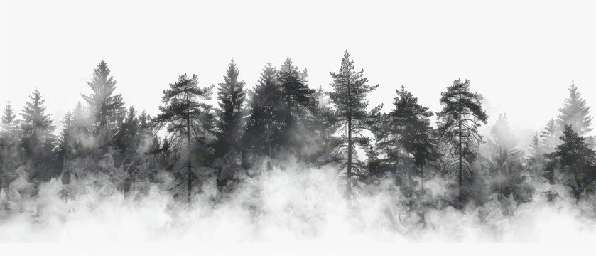 Black and white image of a misty forest with tall pine trees. The fog creates a mysterious and serene atmosphere.