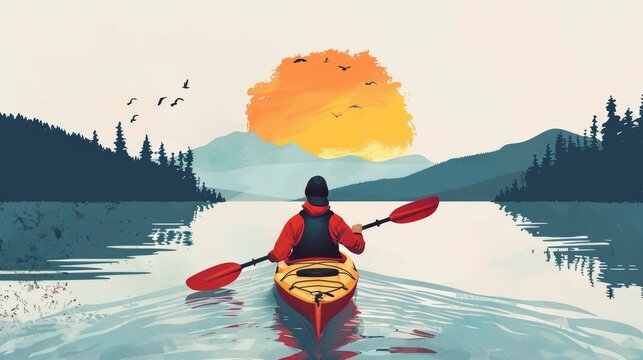 kayaker on lake at sunset, red kayak clip art preview