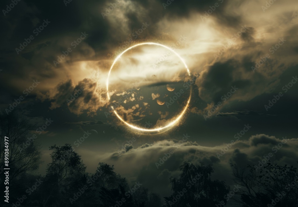 Poster a circle of light in the sky with clouds and trees. ai.