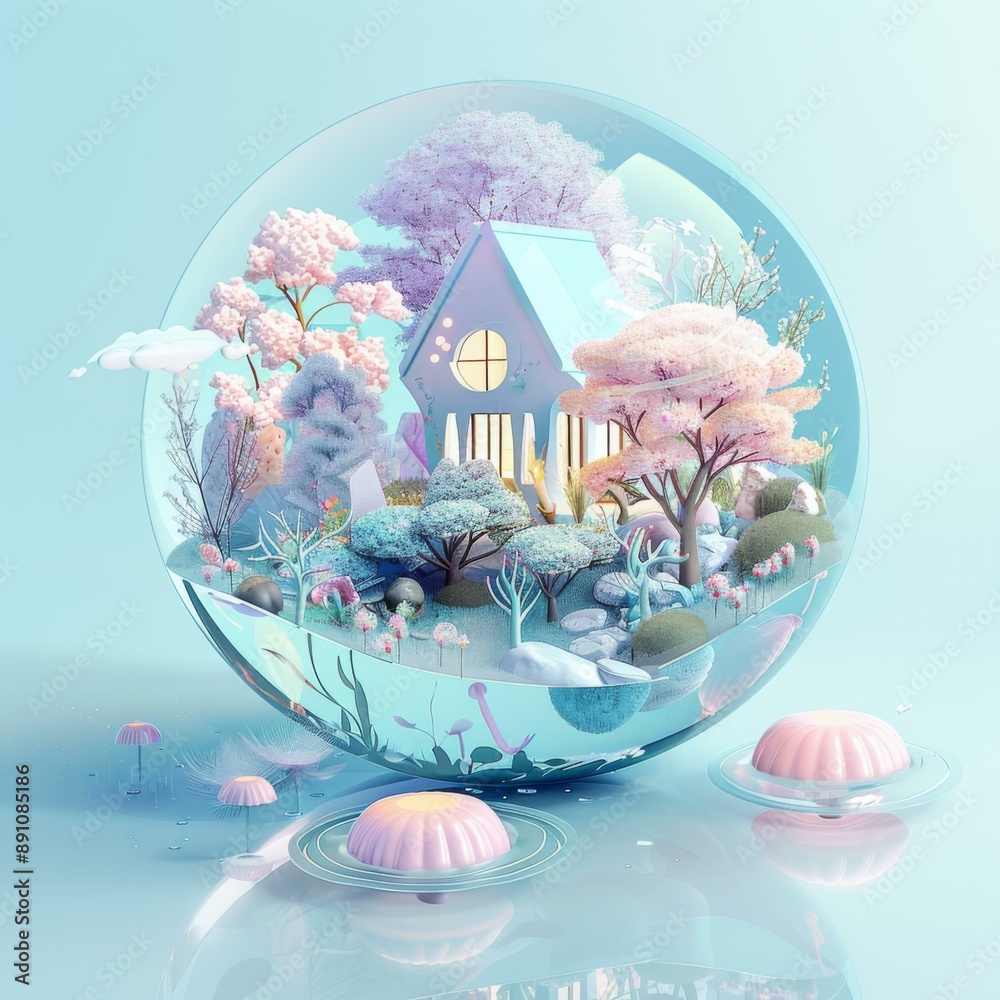 Poster A glass ball with a house and trees inside of it. AI.