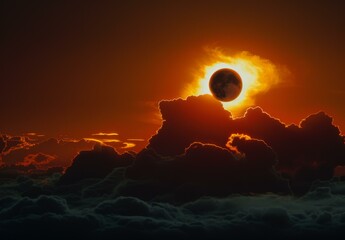 A partial eclipse of the sun is seen through clouds. AI.