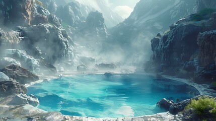 Anime-style Blue Lagoon during a misty morning, soft steam rising from the warm waters, surrounding rocky landscape, intense and mystical scene, rich colors, detailed textures, wide-angle view,
