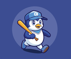 cute penguin running and holding a bat
