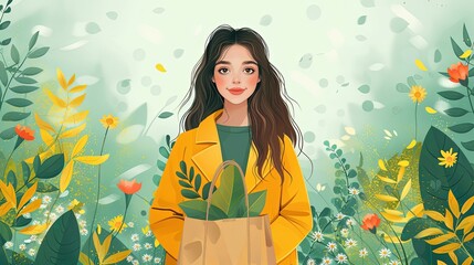 Woman in a Red Dress in a Field of Flowers: A vibrant and colorful illustration of a woman in a red polka dot dress, standing in a field of colorful flowers with an abstract background. The image evok