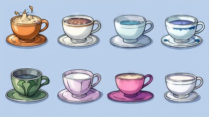   Blue background with diverse coffee cups, saucers, and utensils