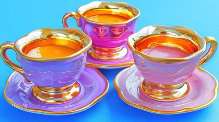  Three purple and gold cups and saucers on a blue and pink tablecloth with a golden rimmed saucepan and saucer