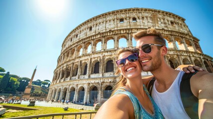 Smiling tourists take a selfie in front of the Colosseum in Rome, showcasing their stylish summer vacation. Travel ideas and tips