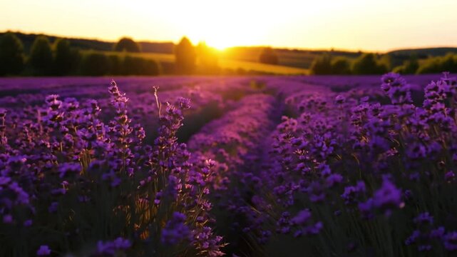 Continuous tracking shot (8K)- A serene lavender field at golden hour, with rows of blooming lavender stretching into the distance. The camera moves gently along the rows, capturing the rich purple hu