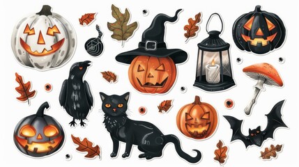 Vibrant Collection of Rhinestone Halloween Stickers Featuring Glittery Pumpkins, Bats, and Spiders on a Stark White Background