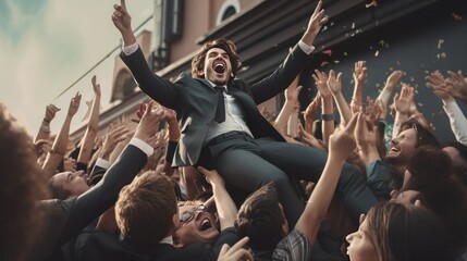 Photograph of a businessman in a suit and tie crowd-surfing at a rooftop bar, his colleagues cheering him on