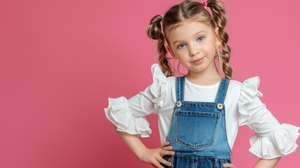 Confident girl in denim overalls against pink background