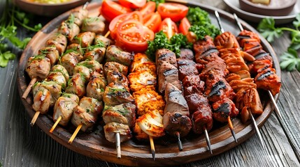 platter of different kebabs on wooden table