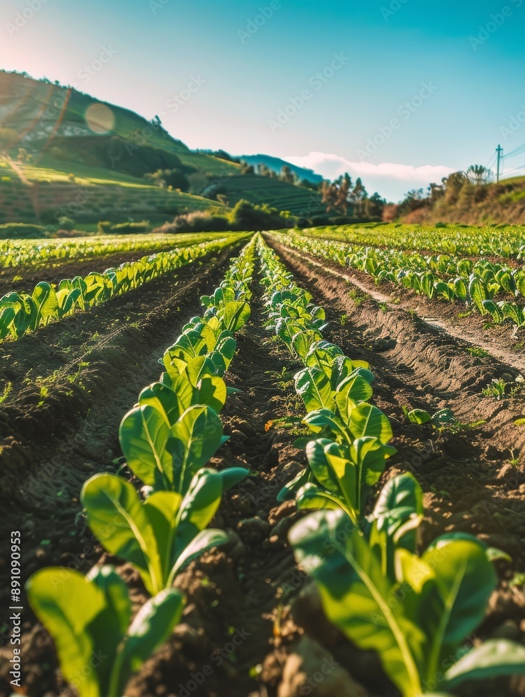 Canvas Prints Green Rows of Lettuce Growing in a Field - A field of fresh, green lettuce plants are growing in rows in the sun. The lettuce plants symbolize new life, growth, and natural beauty. They also represent