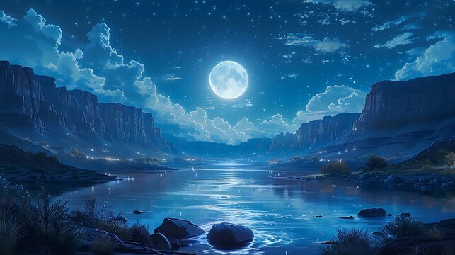 Nighttime anime depiction of the Grand Canyon, starry sky with a full moon, the canyon bathed in moonlight, serene reflection in the river, mystical and enchanting atmosphere, high contrast,