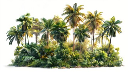 Fototapeta premium Lush tropical jungle island with vibrant green palm trees and dense foliage, capturing the essence of a serene paradise on a white background.