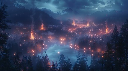 Nighttime anime depiction of Yellowstone National Park during a festival, illuminated by colorful lanterns, the geysers glowing with vibrant light, lively and festive atmosphere, high contrast,