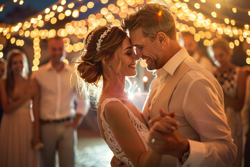 A bride and groom dancing under fairy lights, capturing a romantic and joyful wedding moment.