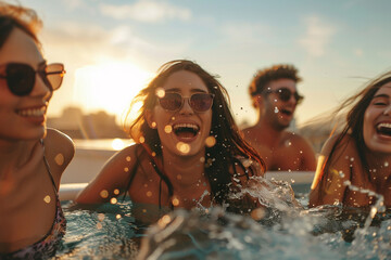 Friends laughing and splashing in a pool at sunset, symbolizing fun and togetherness.