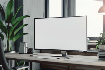 Fototapeta premium A modern home office setup with a large computer monitor, potted plants, and a sleek desk, offering a productive workspace.