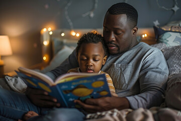 A father reading a bedtime story to his young son in a cozy, dimly lit room, emphasizing family bonding and bedtime routines.