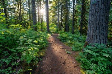 Obraz premium A_scenic_forest_pathway_with_tall_trees_and_dappled_s_05b