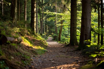 Obraz premium A_scenic_forest_pathway_with_tall_trees_and_dappled_s_05b