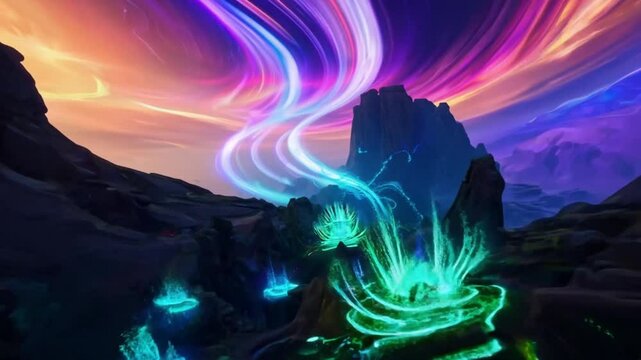 hyper-speed shot of  A surreal, alien landscape with towering rock formations, bioluminescent plants, and a vibrant, swirling sky. The camera flies through the landscape at a dynamic speed in 4k video