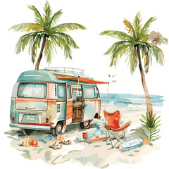 Vintage Camper Van on Beach with Palm Trees Watercolor Illustration