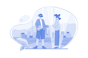 Man in virtual glasses shaking hands with holographic graphic in cyberspace.