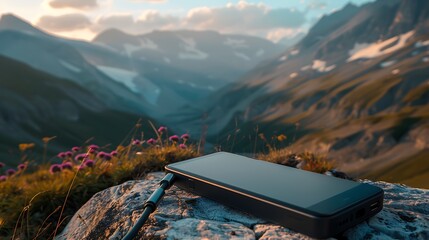 Powerbank charges the phone on the background of the mountains