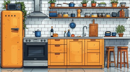 vector, illustration, flat, Trendy interior of kitchen full of modern furniture, household appliances, cookware, cooking facilities, tools, equipment and home decorations. Colorful vector illustration