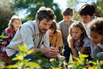 Engaging Outdoor Science Lesson: Teacher Teaching Students About Plants