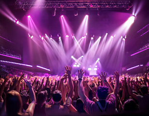 Fotografía en concierto con personas alzando las manos con luces de color morado