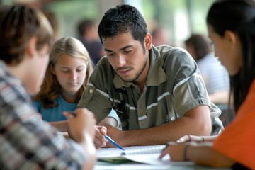 Engaged Teacher Assisting Diverse Students in Collaborative Group Project in Classroom Setting