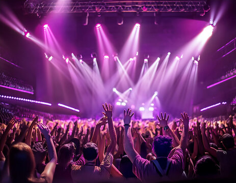 Fotograf&iacute;a en concierto con personas alzando las manos con luces de color morado