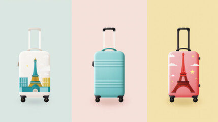 Obraz premium Illustration of three colorful travel suitcases with the Eiffel Tower on a pastel background