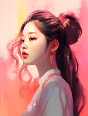 Fototapeta premium Painting poster young female portrait on pink background. AI generated