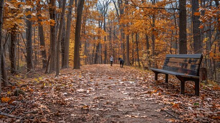 Fototapeta premium Autumnal Forest Path with a Bench