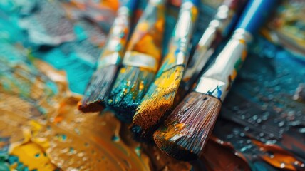 Fototapeta premium Close-up of paint brushes on vibrant painted surface, showcasing creative and colorful art supplies in an abstract artistic setting.