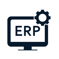 Computer, gear, ERP. System use concept. Vector icon isolated on white background.