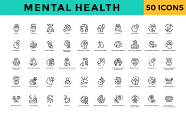 Mental Health icon set with anxiety, depression, stress, therapy, counseling, psychologist, psychiatrist, mental illness, emotional well-being icon. Simple line vector 
