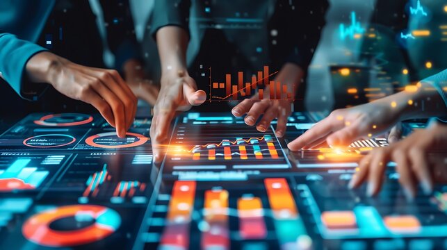 Diverse Team Data Analysis Visualization with Interactive Touch Screen Tables for Futuristic Financial Analysis Business Professional Concept.