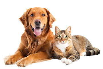 Portrait of Happy dog and cat that looking at the camera together isolated on transparent background, friendship between dog and cat, amazing friendliness of the pets