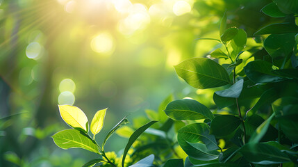 Abstract blur green foliage and tree in jungle with sun light spring summer. Farming concept on plant forest and environment day of farmer organic building sunshine on leaf herb lush soft